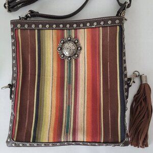 Blazin Roxx Southwestern Stripe & Faux Leather Satchel Bag Crossover Tassel